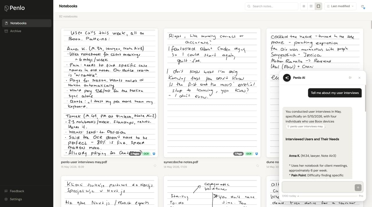 Penlo dashboard showing e-ink notes