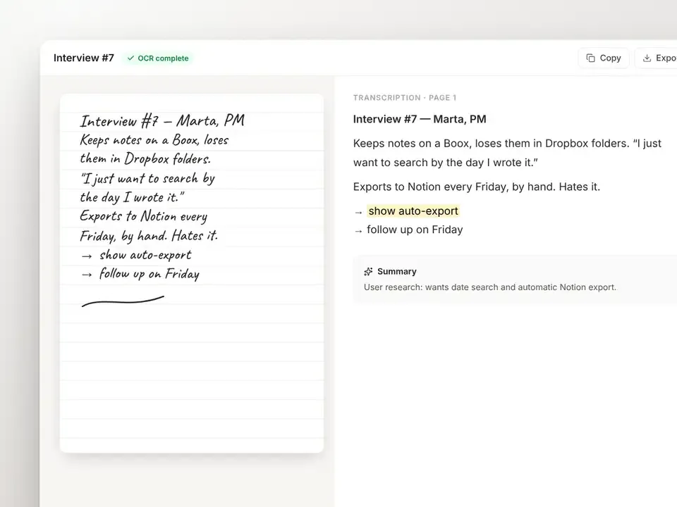 Handwritten page next to its transcription