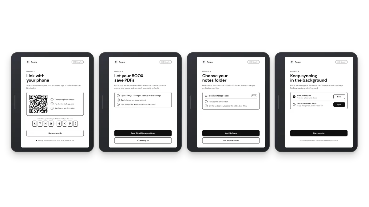 The four Penlo setup screens on a BOOX: link, save PDFs, notes folder, background sync