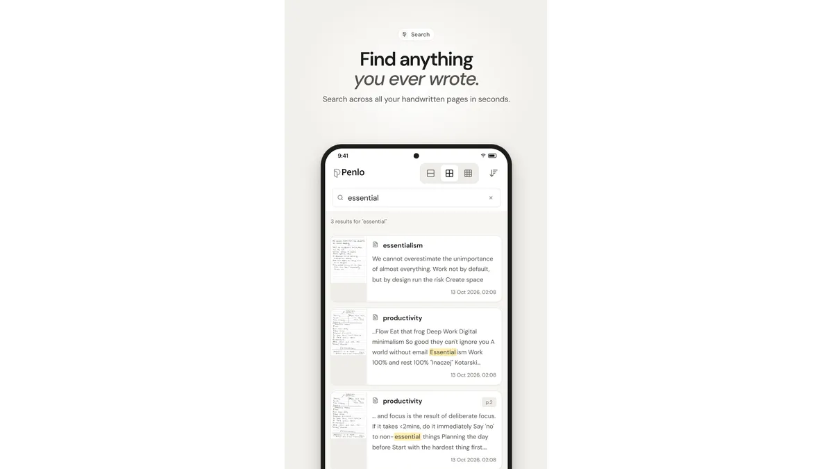 Penlo search on a phone with matching words highlighted