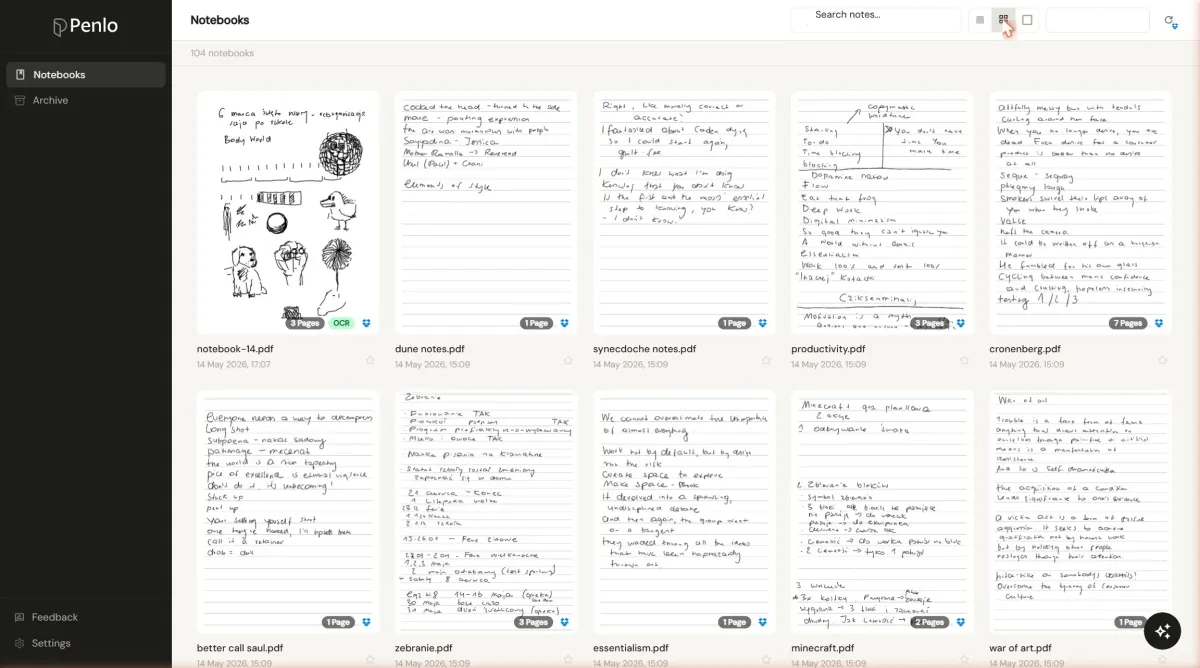 Penlo app interface with handwritten notes and AI chat about user interviews. Penlo, Notebooks, Archive, Search notes, Last modified, Tell me about