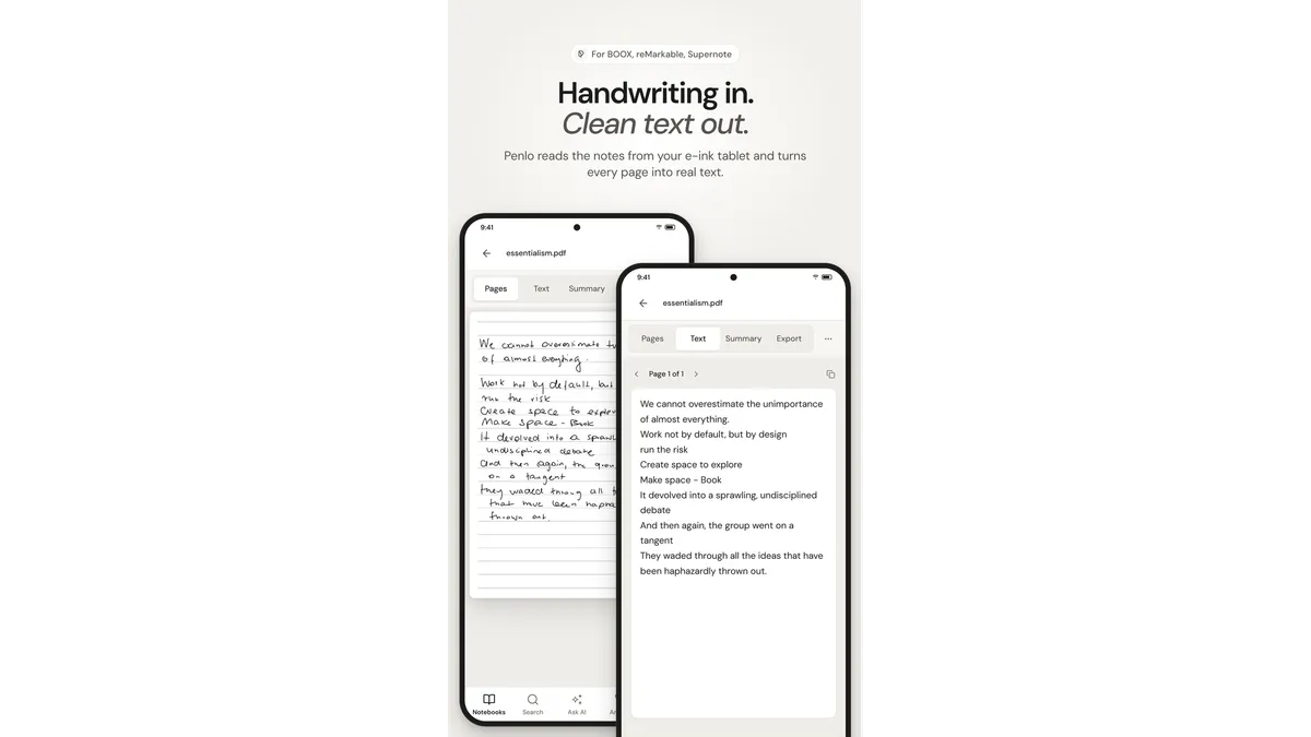 Penlo on a phone showing a handwritten page and its clean text