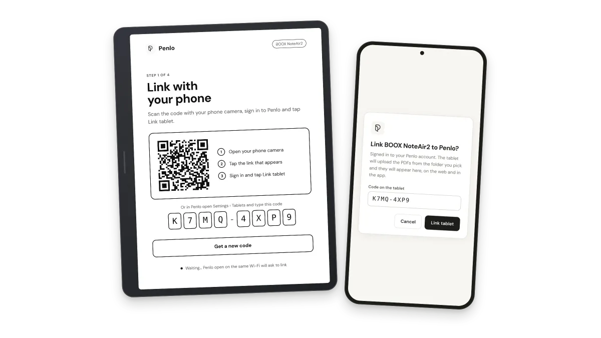 BOOX tablet showing a QR code next to a phone approving the link