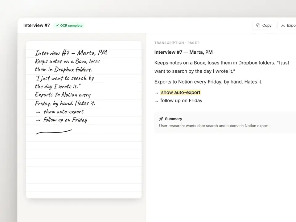 A handwritten page shown next to its transcription in Penlo