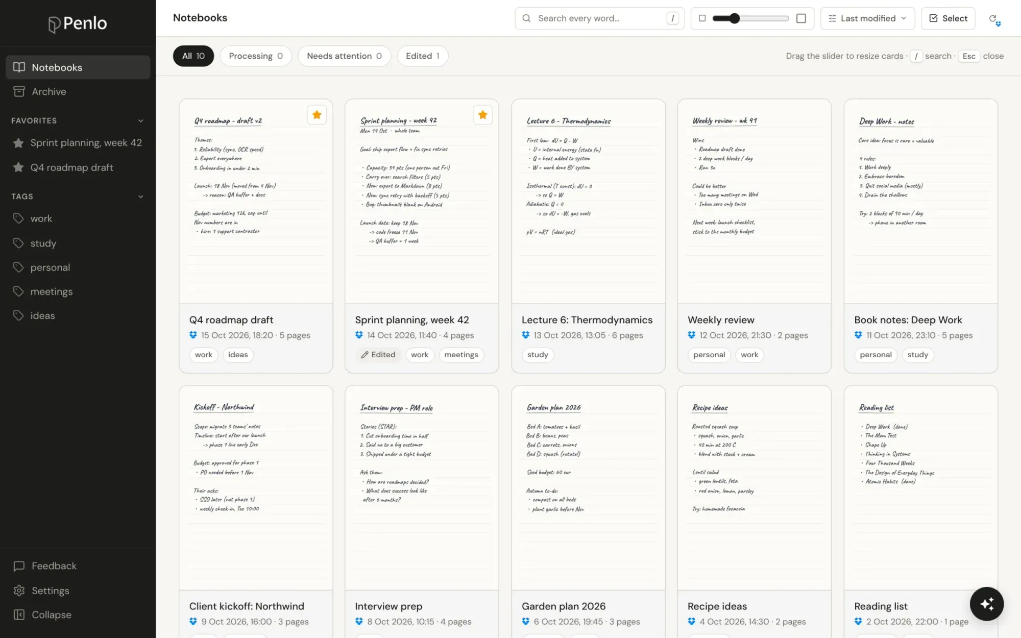 Penlo dashboard with a grid of handwritten notebooks