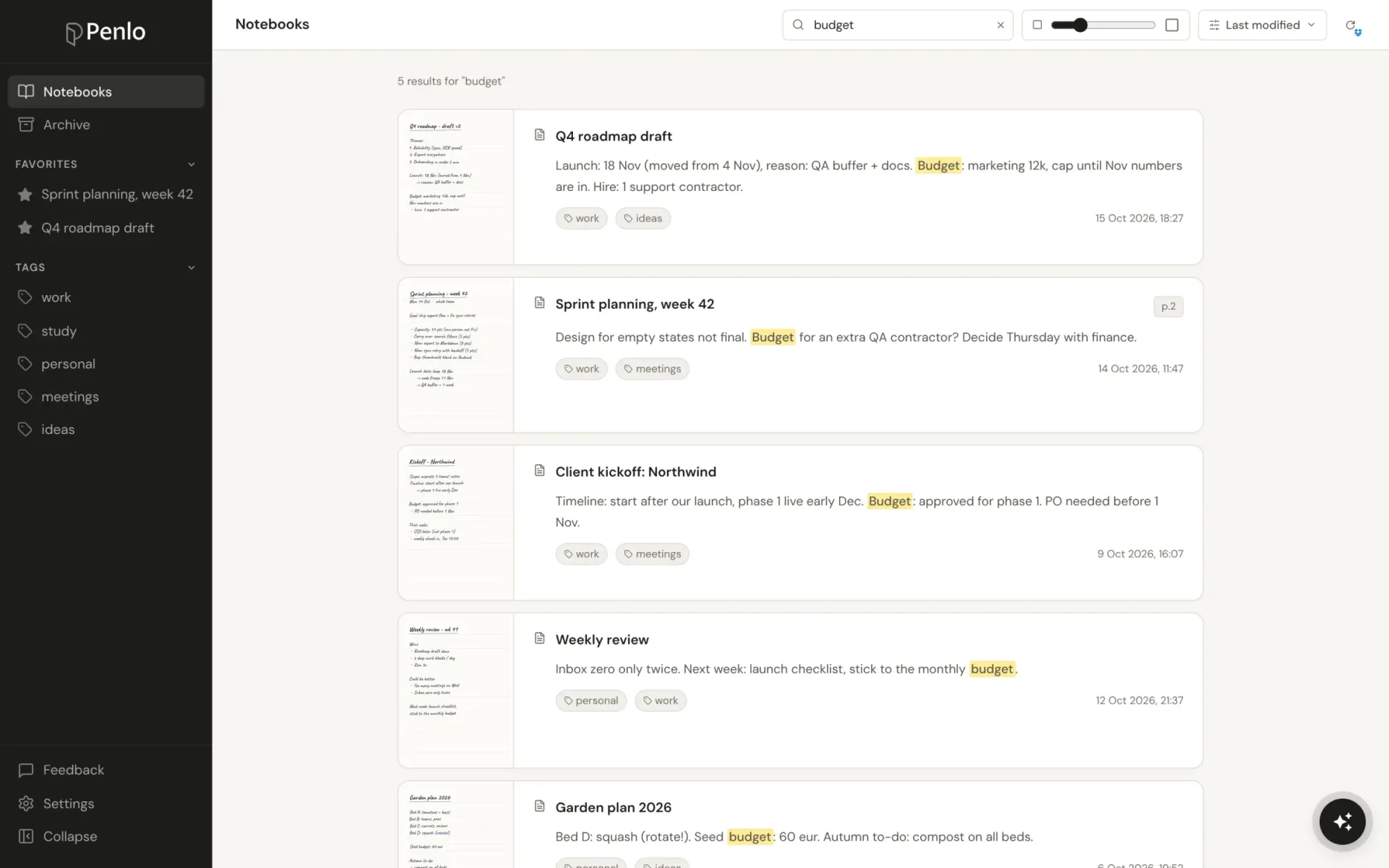 Search results for budget across several notebooks, with the matches highlighted