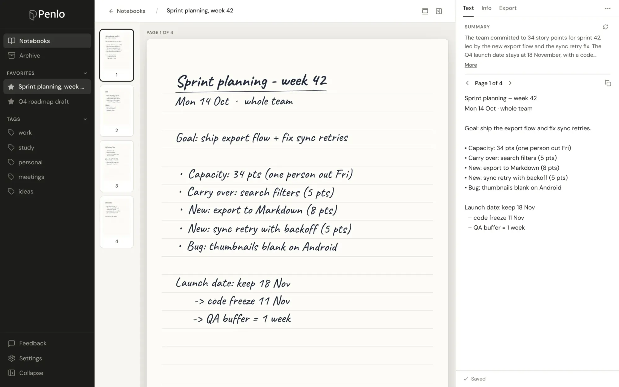 A notebook in Penlo with the handwritten page next to its text