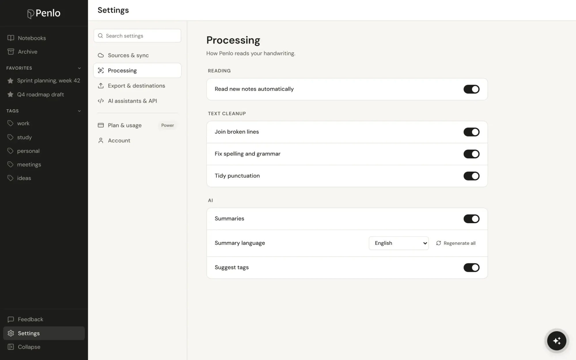 Settings, Processing: switches for reading new notes, text cleanup and summaries