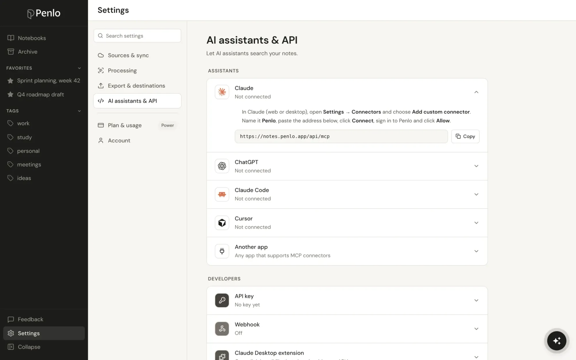 Settings, AI assistants and API, with Claude setup steps expanded
