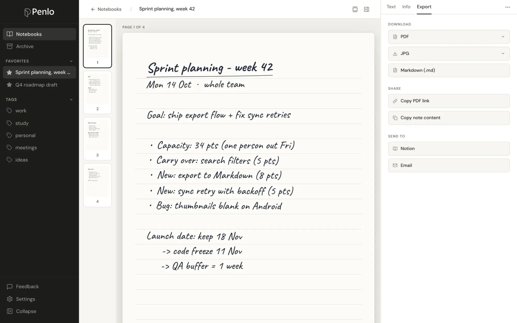 The Export tab in Penlo with Download, Share and Send to Notion options