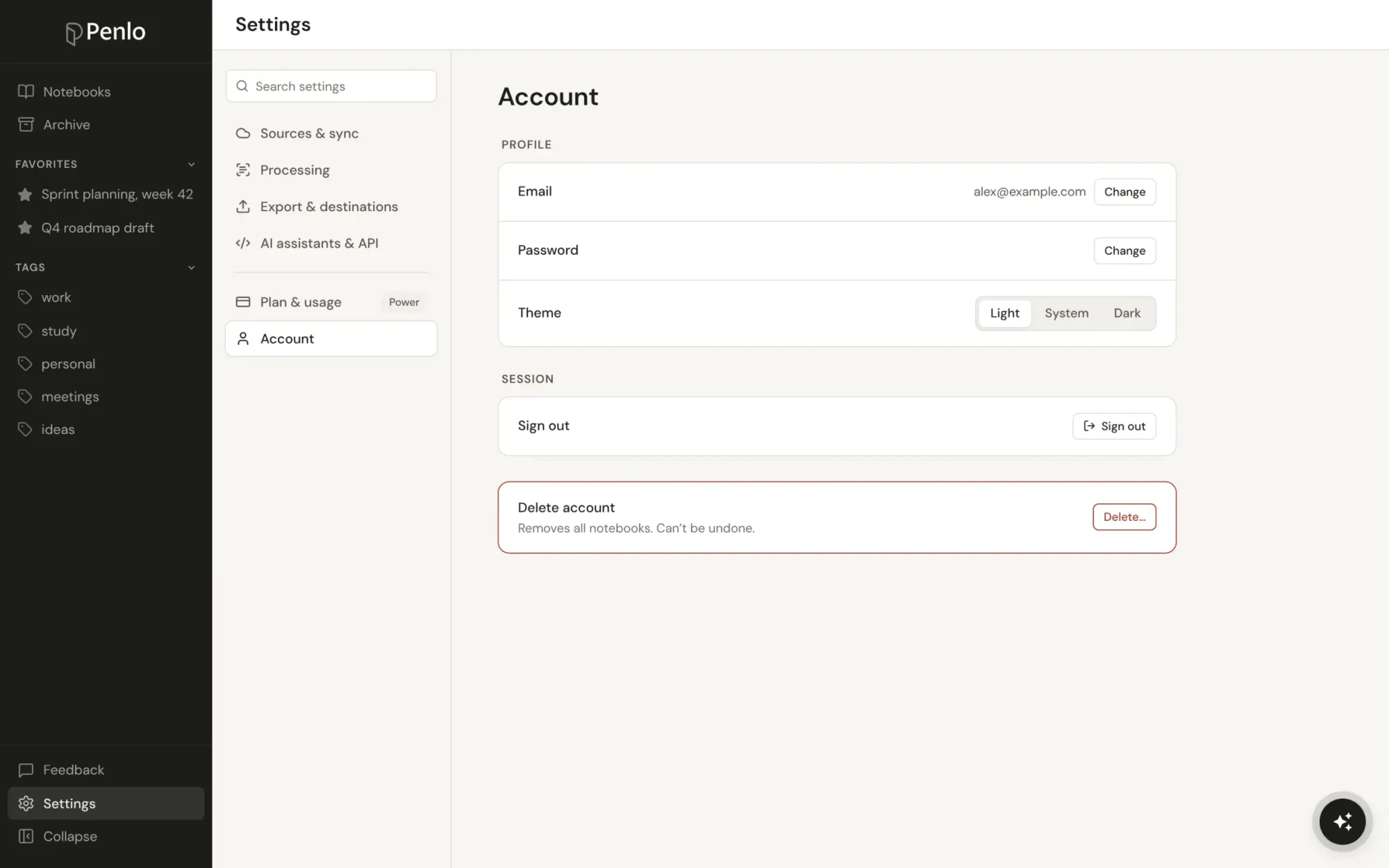 Penlo Settings, Account, with the Delete account option
