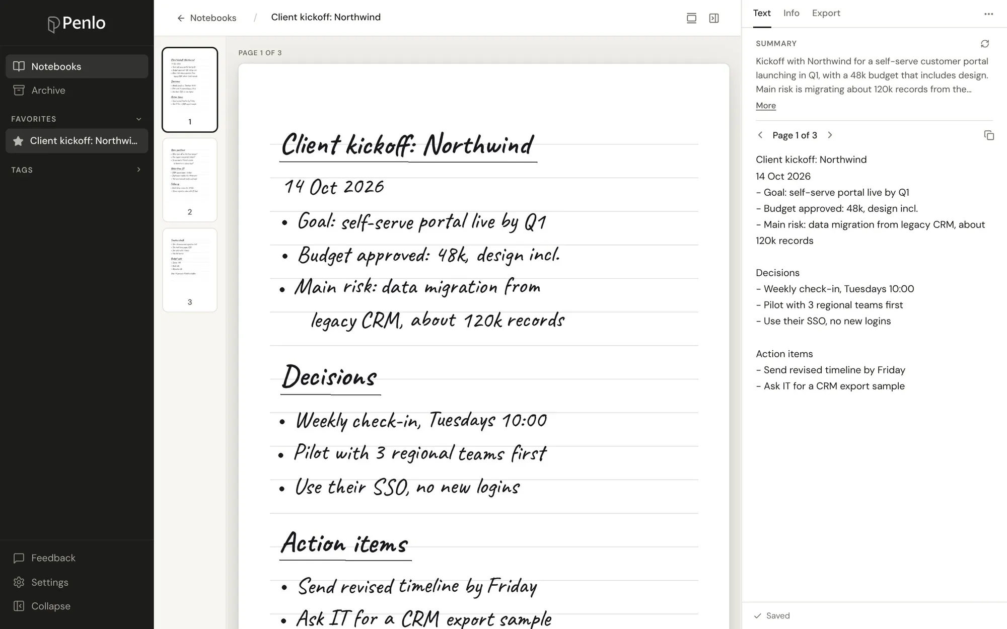 A handwritten notebook page in Penlo with its transcribed text and summary beside it