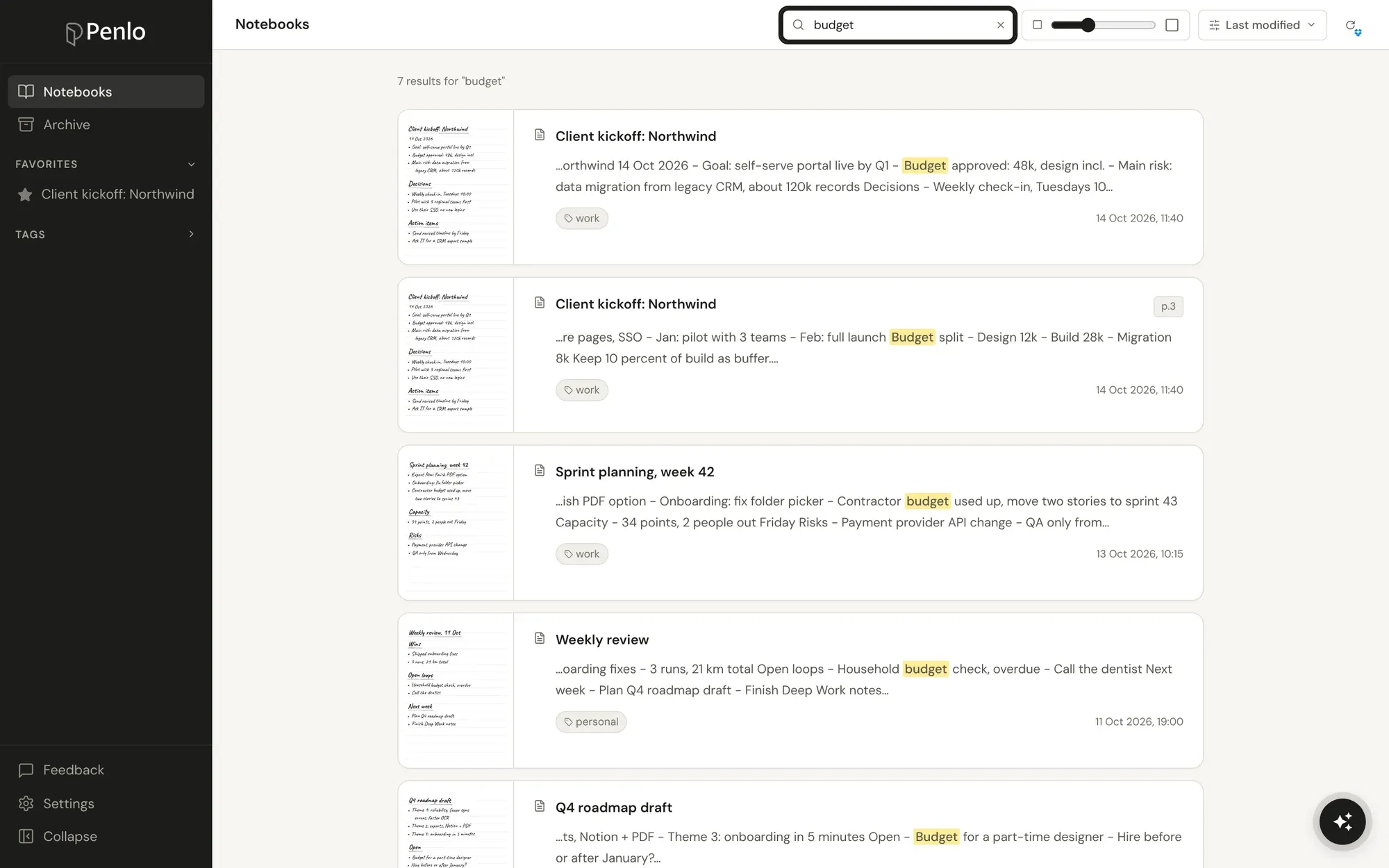 Penlo search results for the word budget across several handwritten notebooks