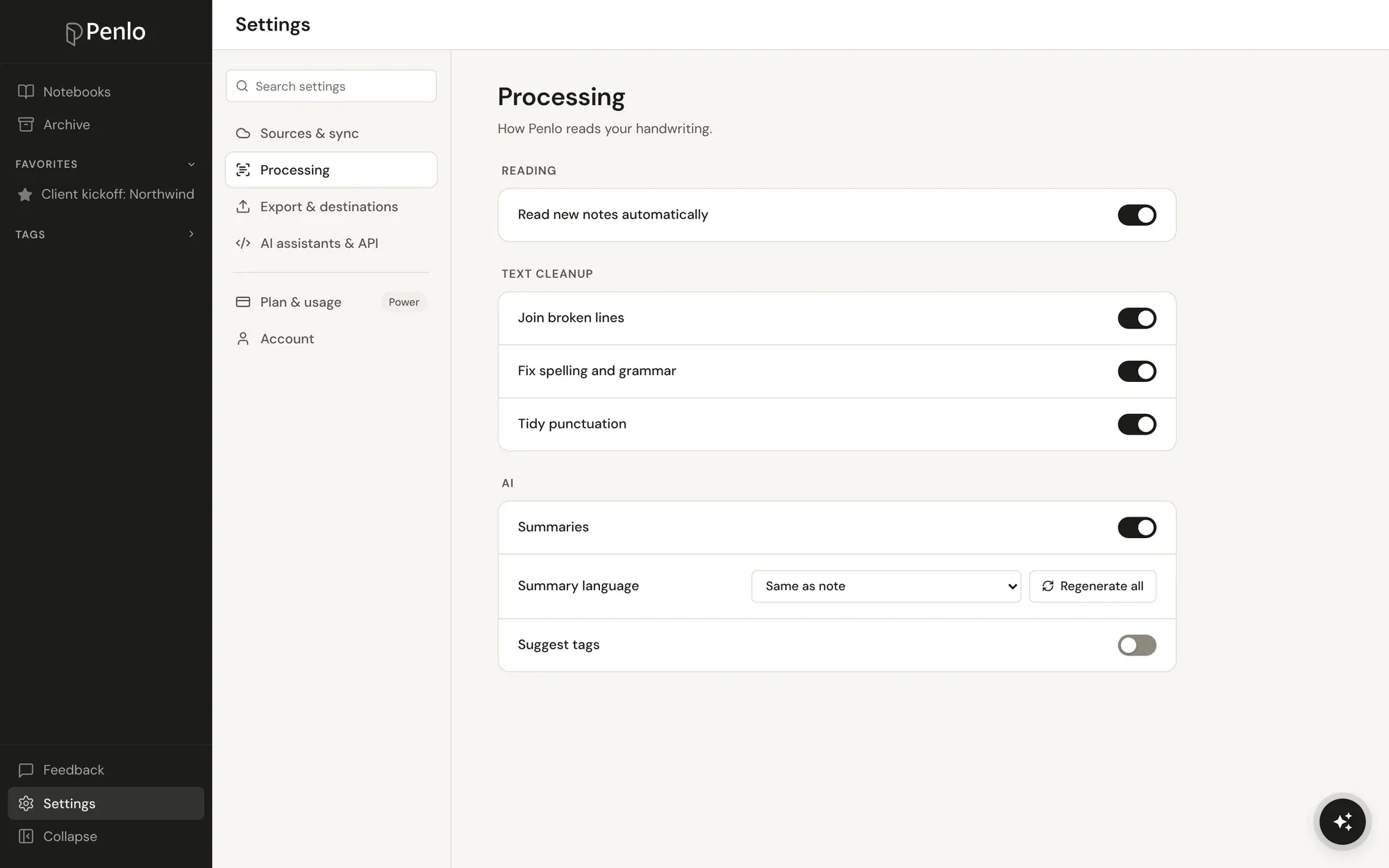 Penlo's Processing settings with the three text cleanup switches