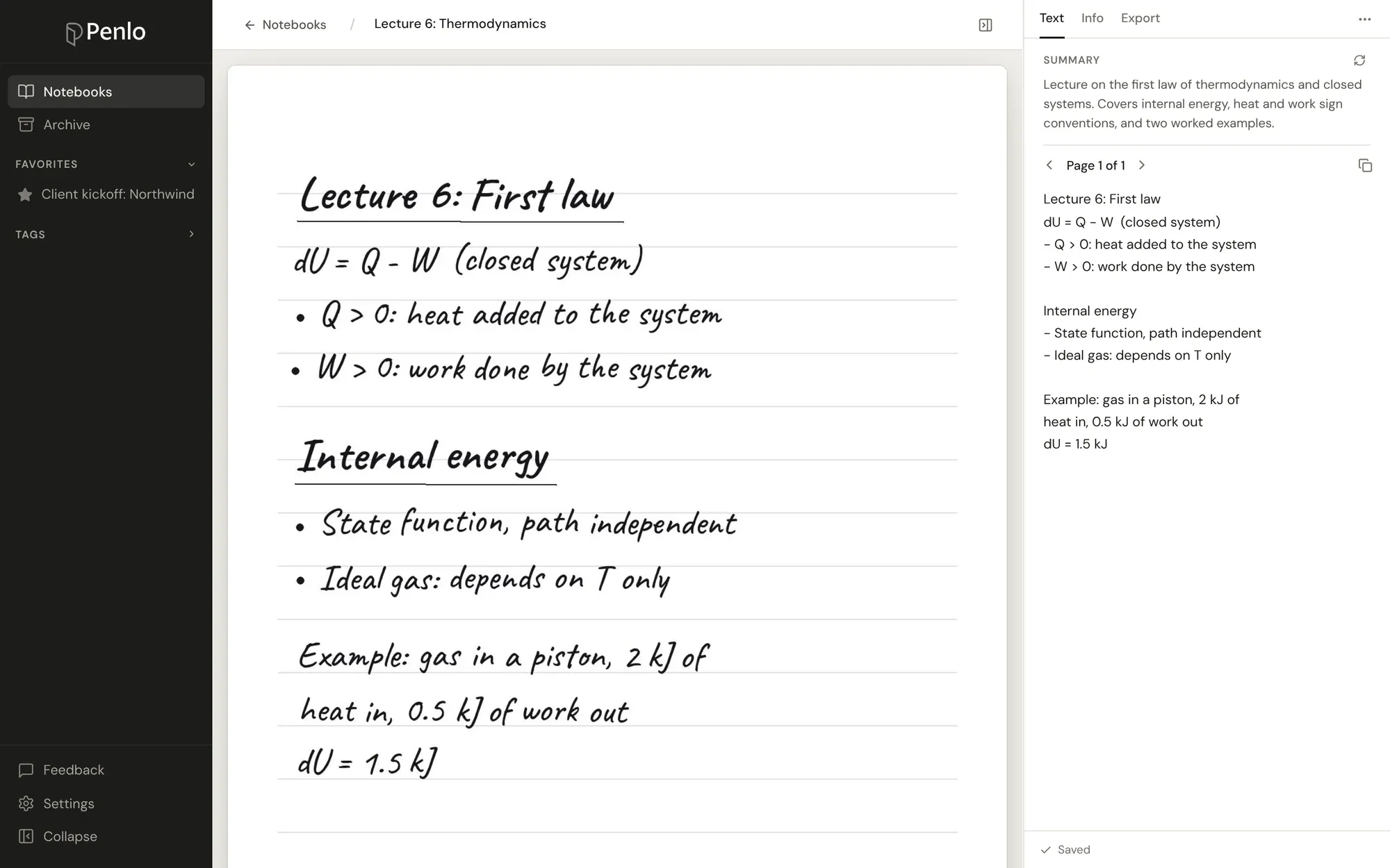 A handwritten lecture page in Penlo with its transcribed text beside it
