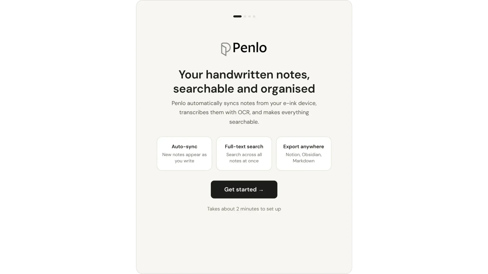 Penlo welcome screen: Your handwritten notes, searchable and organised