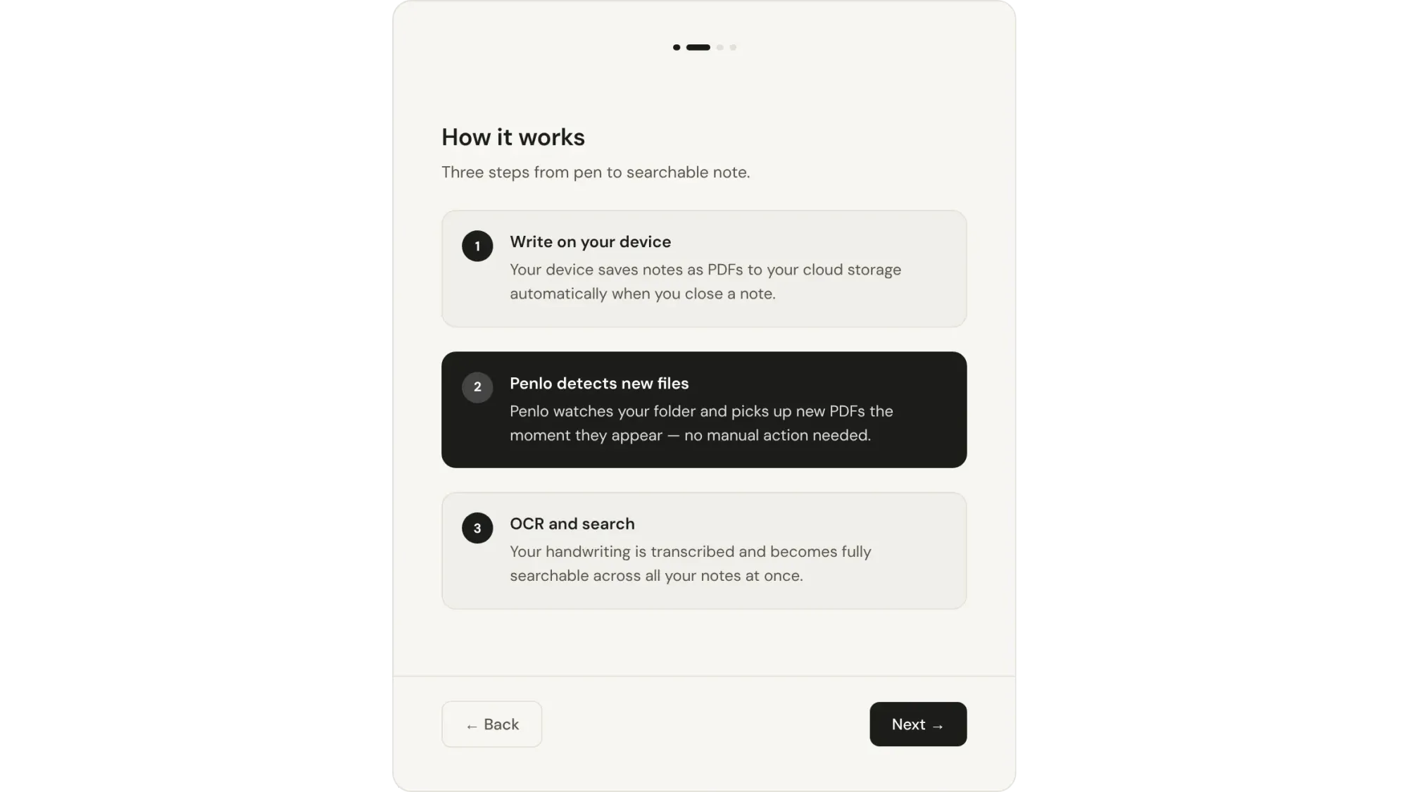 How it works: write on your device, Penlo detects new files, OCR and search