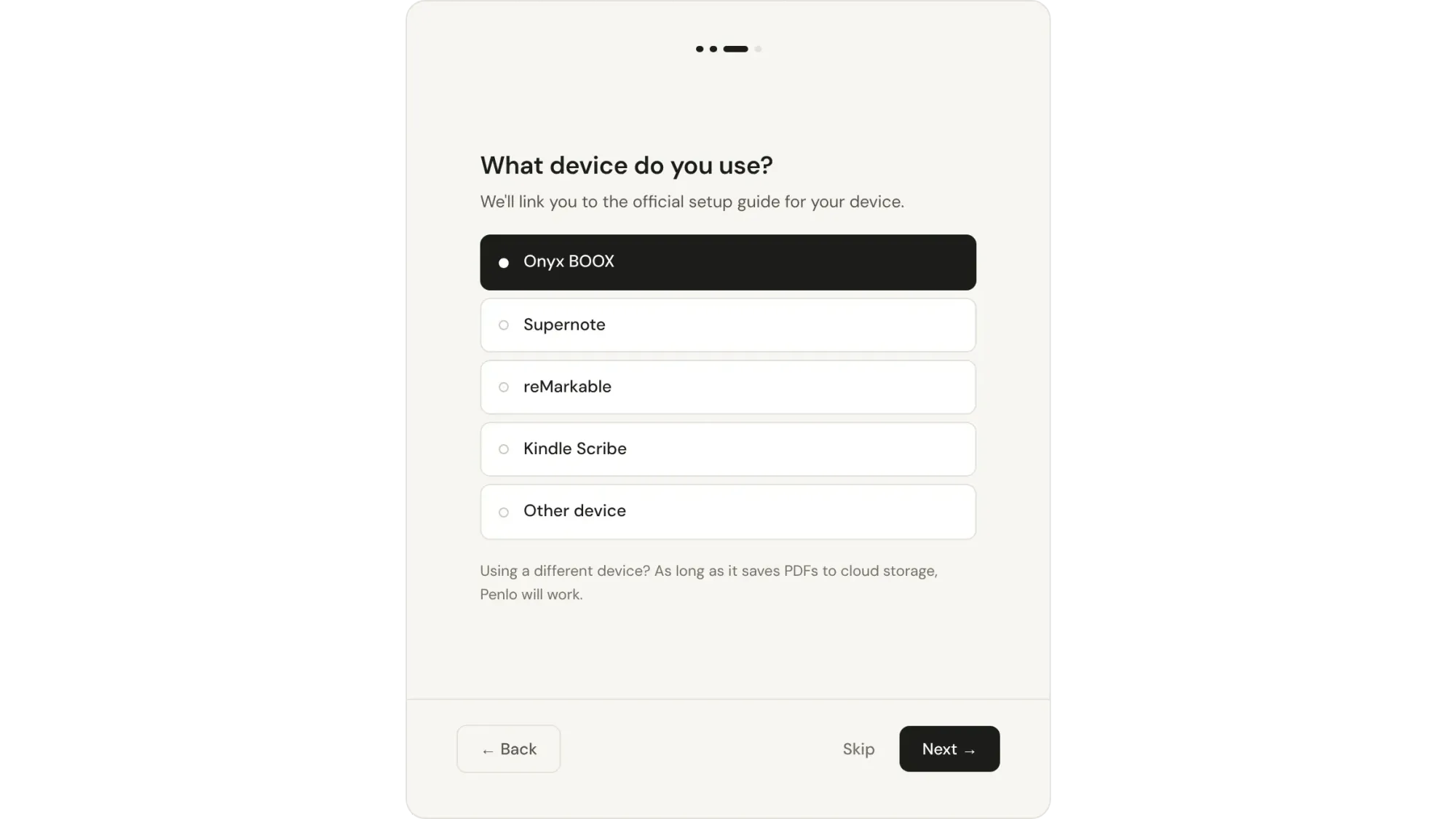 Device picker: Onyx BOOX, Supernote, reMarkable, Kindle Scribe, Other device