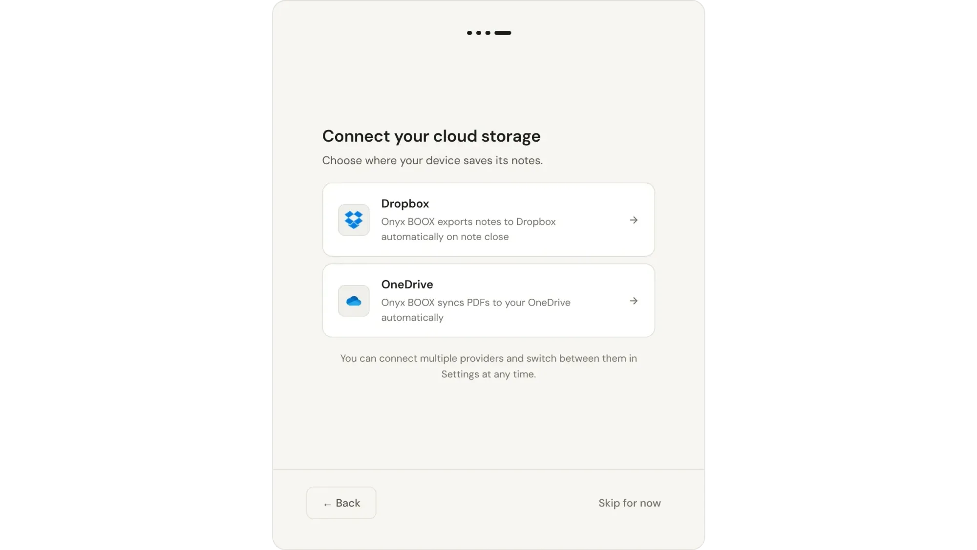 Penlo's connect step, with Dropbox and OneDrive