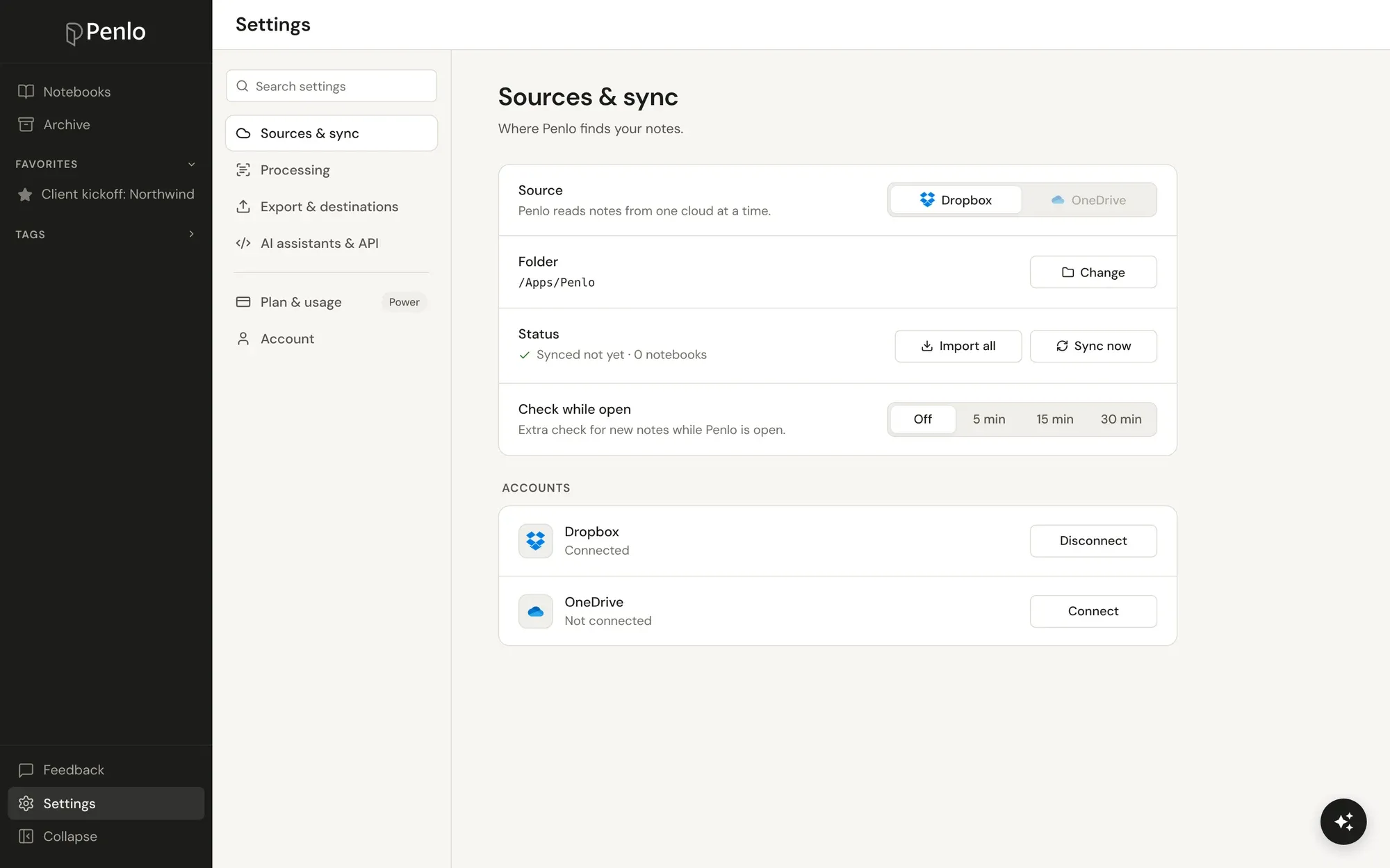 Penlo's Sources and sync settings with Dropbox connected