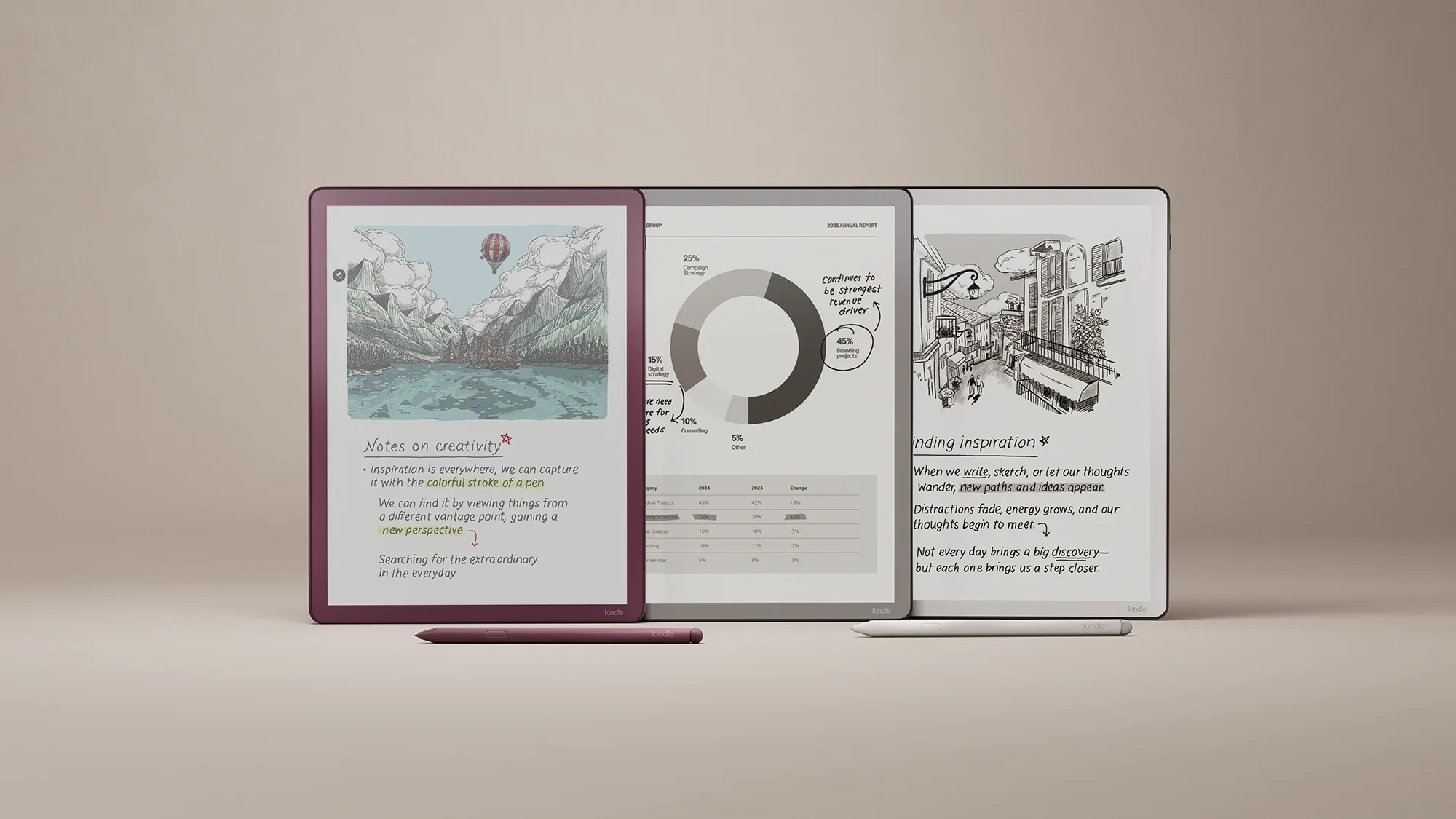 Kindle Scribe tablets showing handwritten notes and sketches