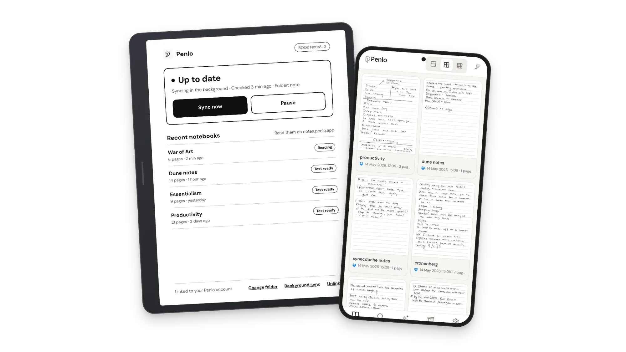 Penlo on a BOOX tablet showing sync status, next to the Penlo Android app on a phone