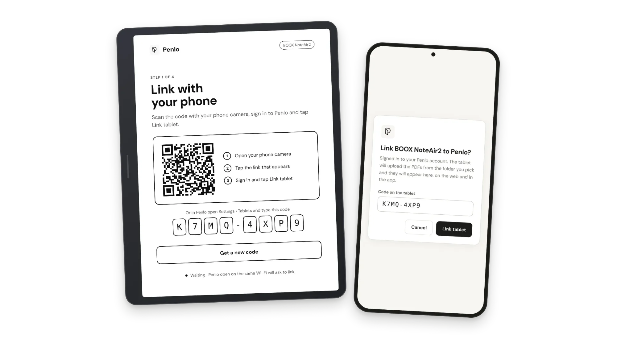 BOOX tablet showing a QR code to link Penlo, and a phone approving the link