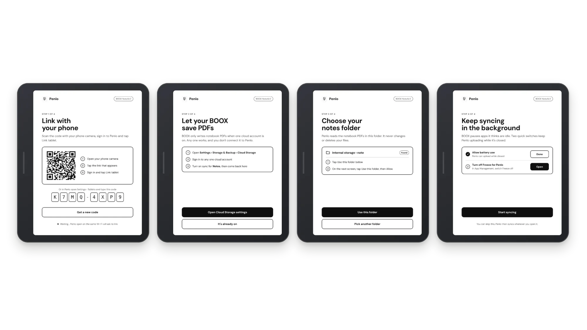 The four Penlo setup screens on a BOOX: link, save PDFs, notes folder and background sync