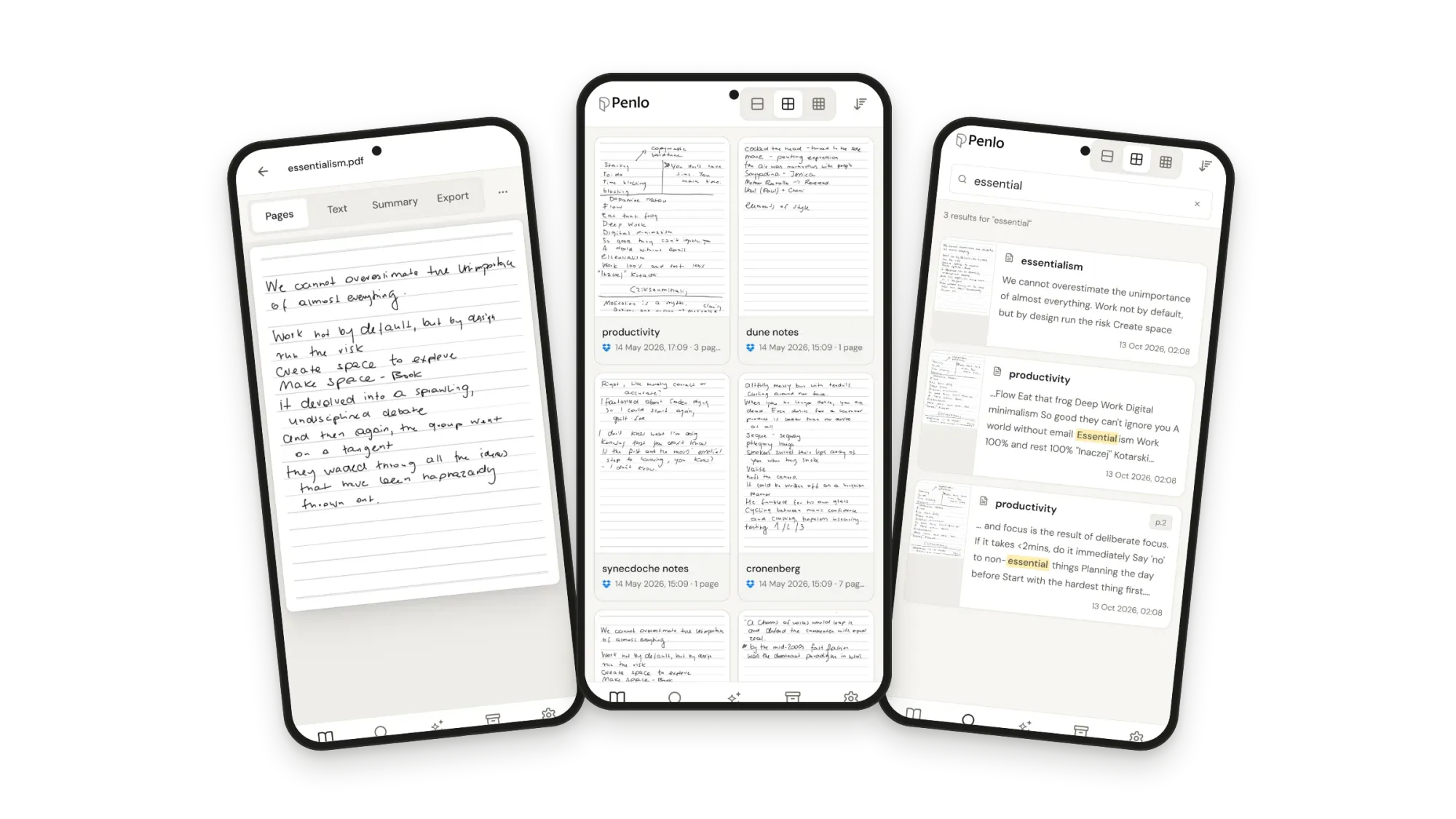 Penlo on three phones: a handwritten page, the notebook grid and search results