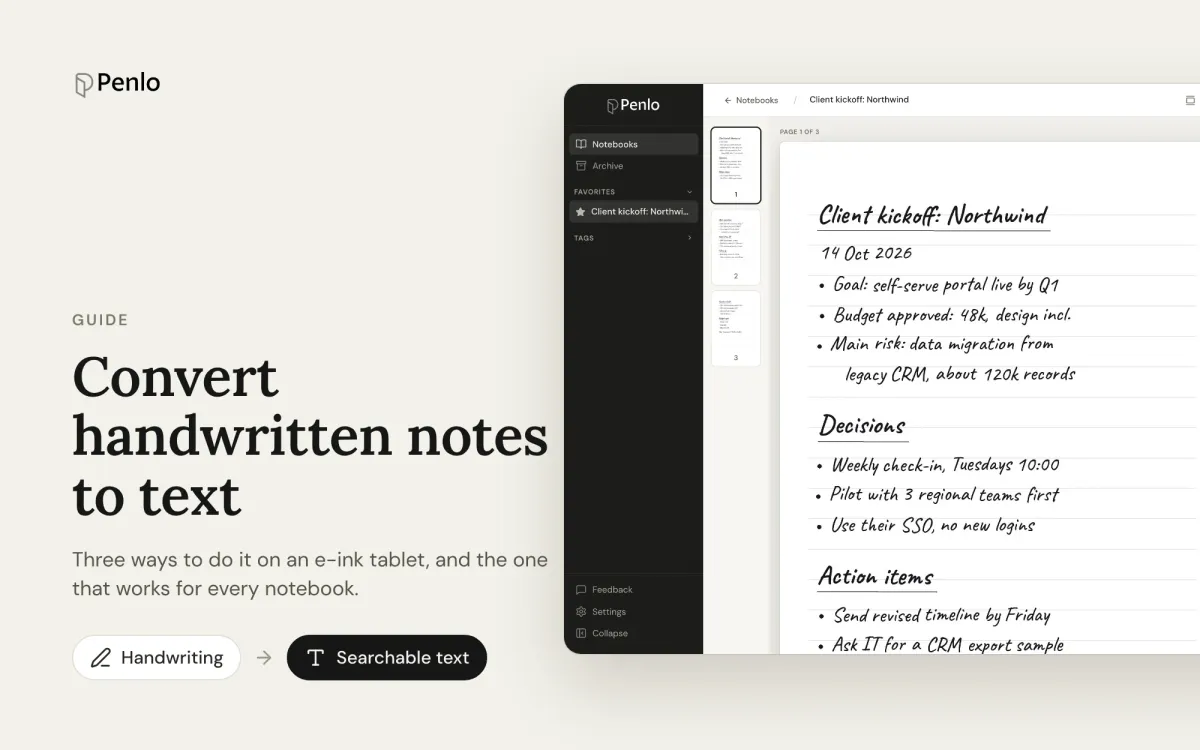 How to convert handwritten notes to text on an e-ink tablet